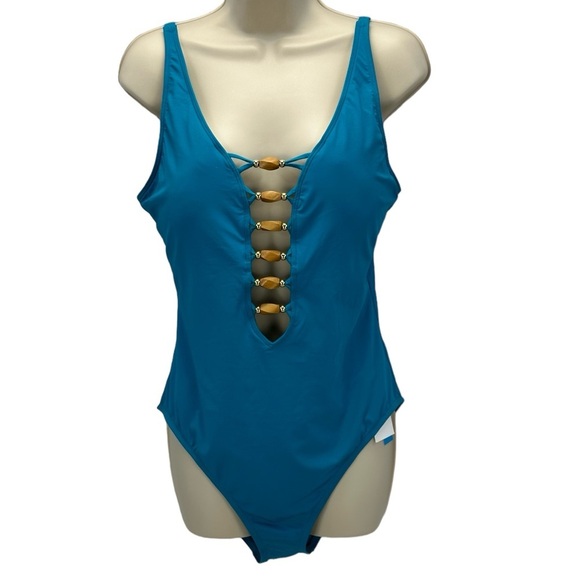 Bleu Rod Beattie Plunge Front Wood Bead Detail One Piece Swimsuit -Teal Blue -14 - Picture 1 of 7